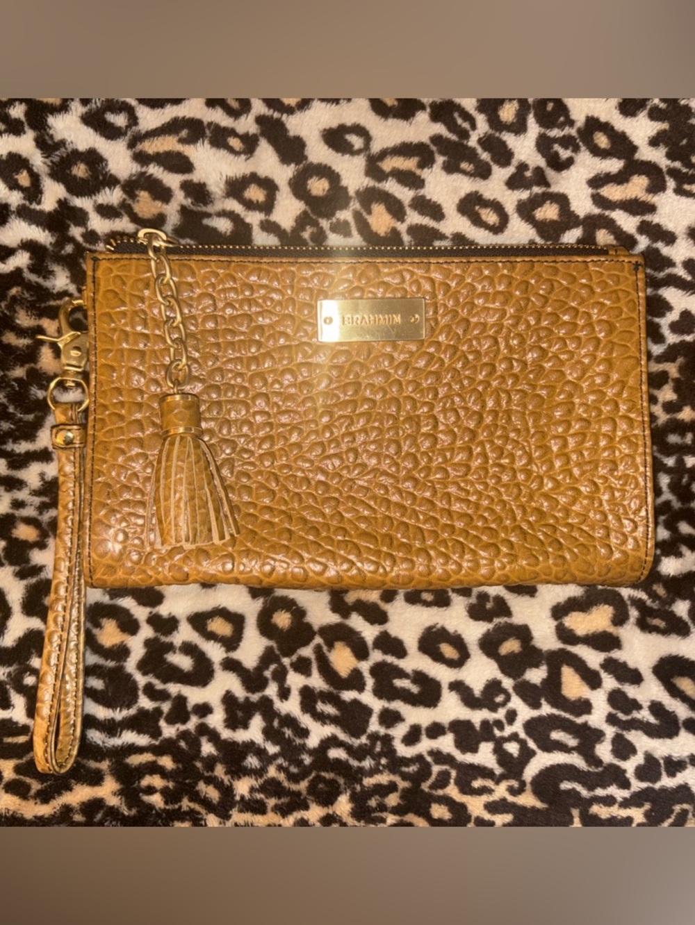 Brahmin Cognac Pebbled Leather Zip Wristlet with Tassel